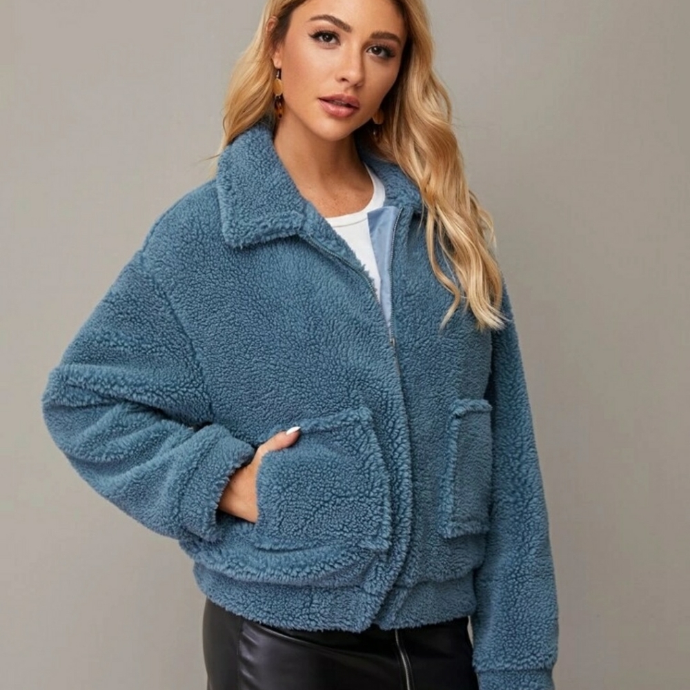 SheIn Zip Up Blue Teddy Spring Jacket